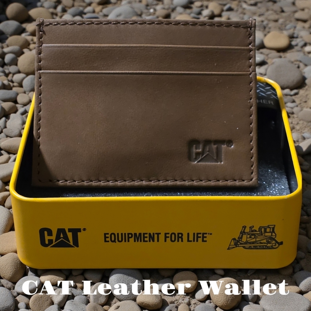 CAT Caterpillar Men's Leather Bifold Wallet With Enamel Logo RFID Shield, Brown